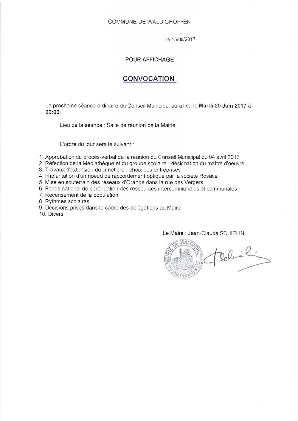 Convocation du Conseil Municipal le 20.06.2017 