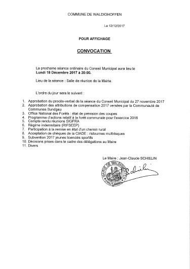 Convocation du Conseil Municipal le lundi 18 décembre 2017