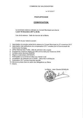 Convocation du Conseil Municipal le lundi 18 décembre 2017