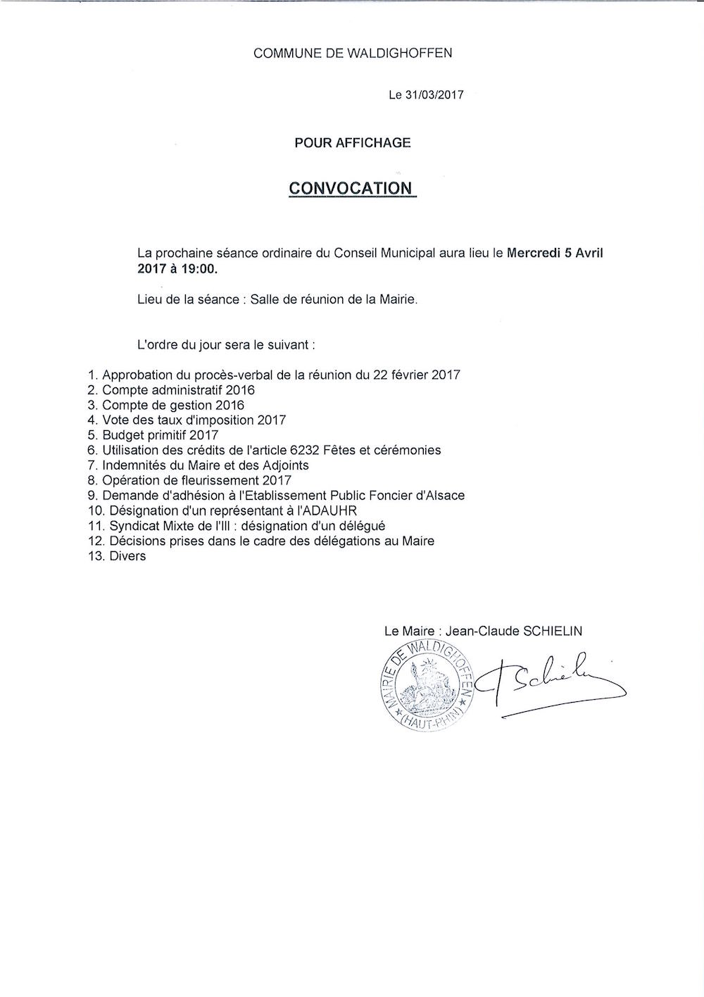 Convocation du Conseil Municipal le mercredi 05 avril 2017 