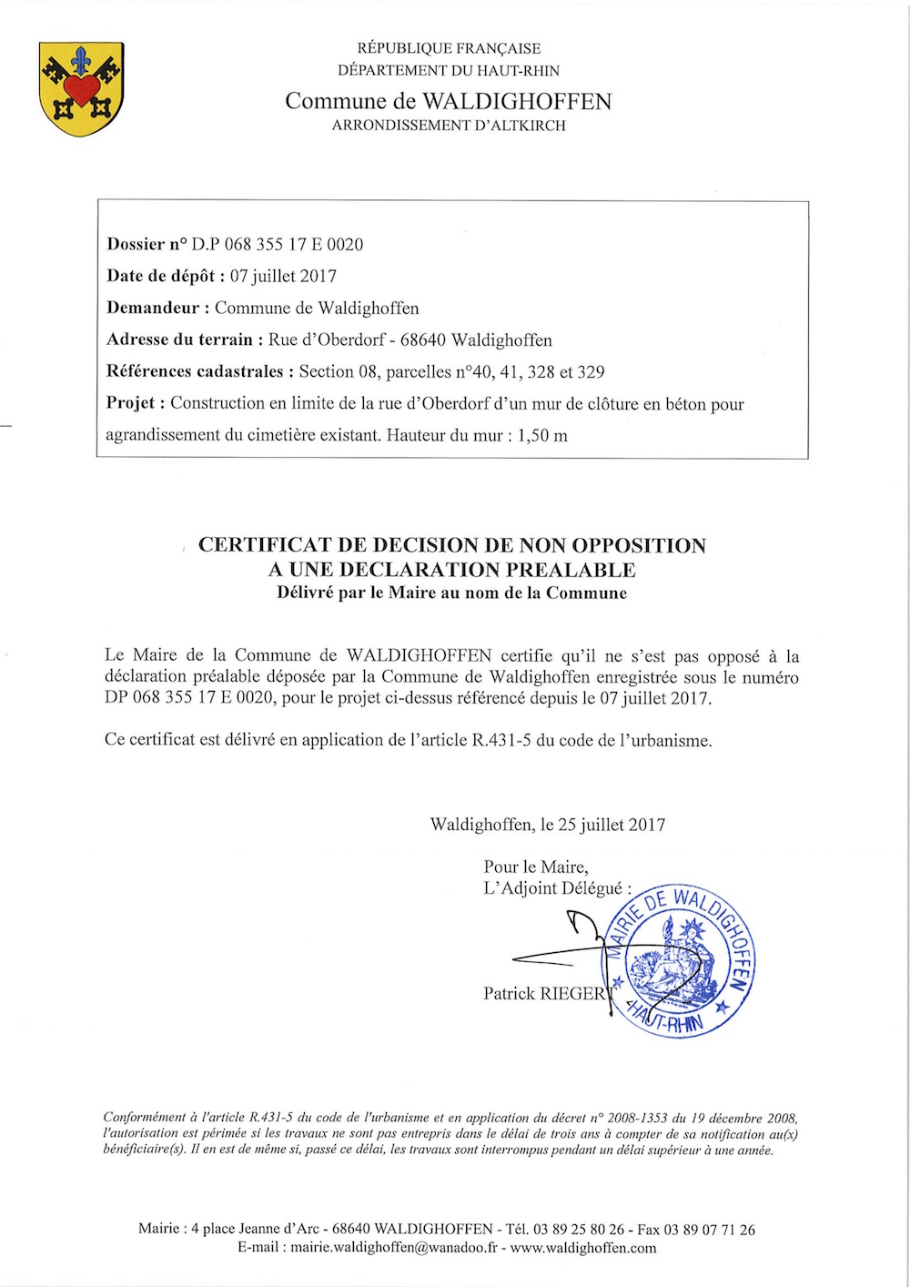 Décision à la déclaration préalable de la Commune de Waldighoffen