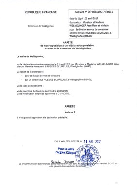  Décision à la déclaration préalable de M. et Mme WELMELINGER Jean Marc et Mariette 