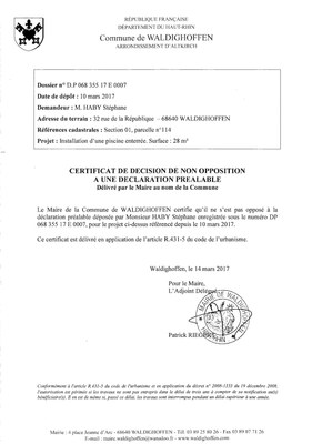 Décision à la déclaration préalable de M. HABY Stéphane