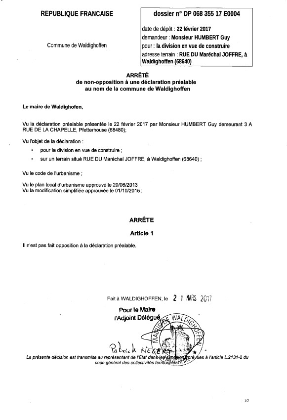 Décision à la déclaration préalable de M. HUMBERT Guy
