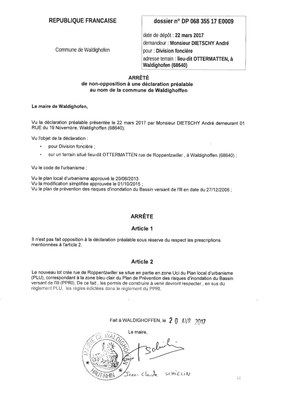 Décision à la déclaration préalable de Monsieur DIETSCHY