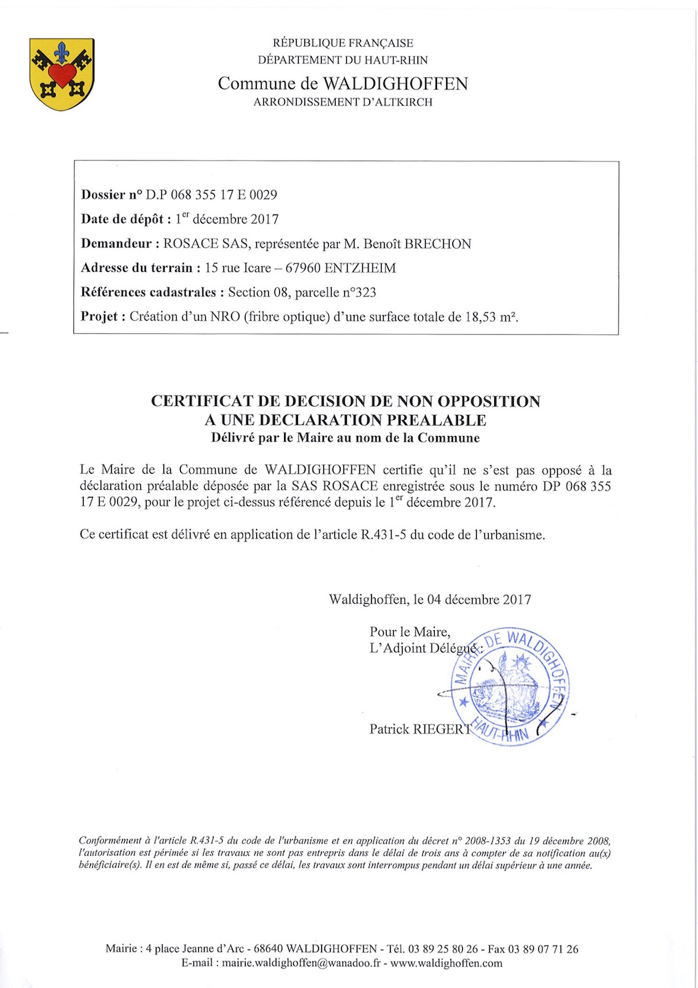 Décision à la déclaration préalable de ROSACE