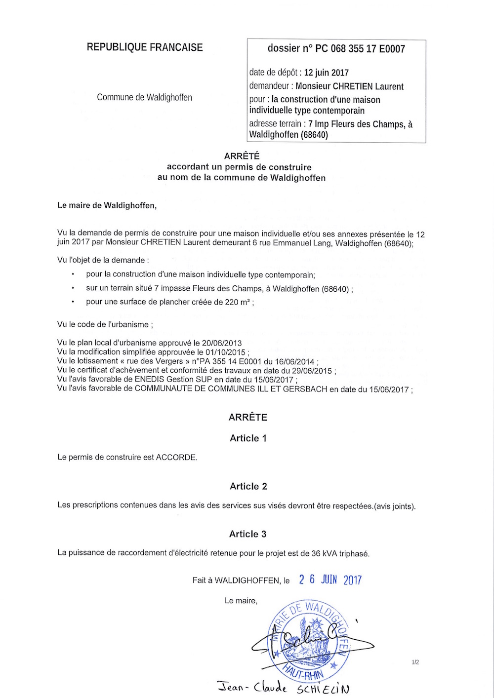 Décision à la demande de construire de M. CHRETIEN