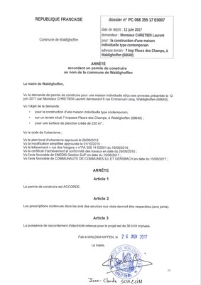 Décision à la demande de construire de M. CHRETIEN