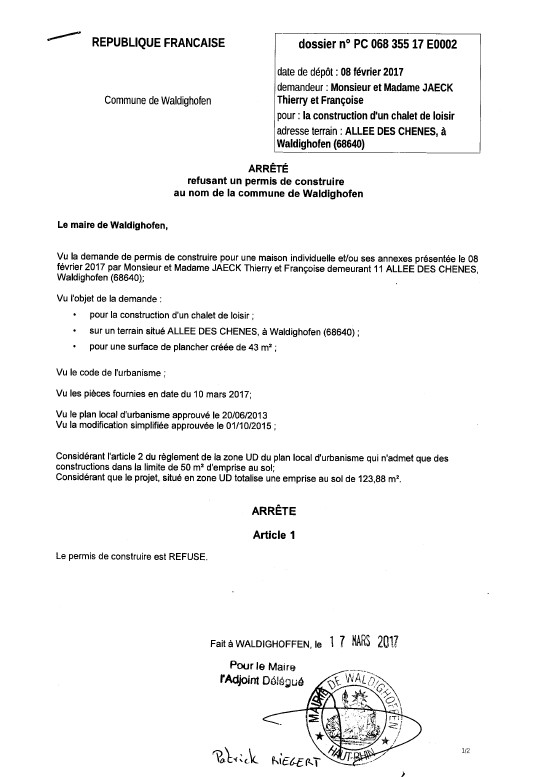 Décision à la demande de construire de M. et Mme JAECK Thierry