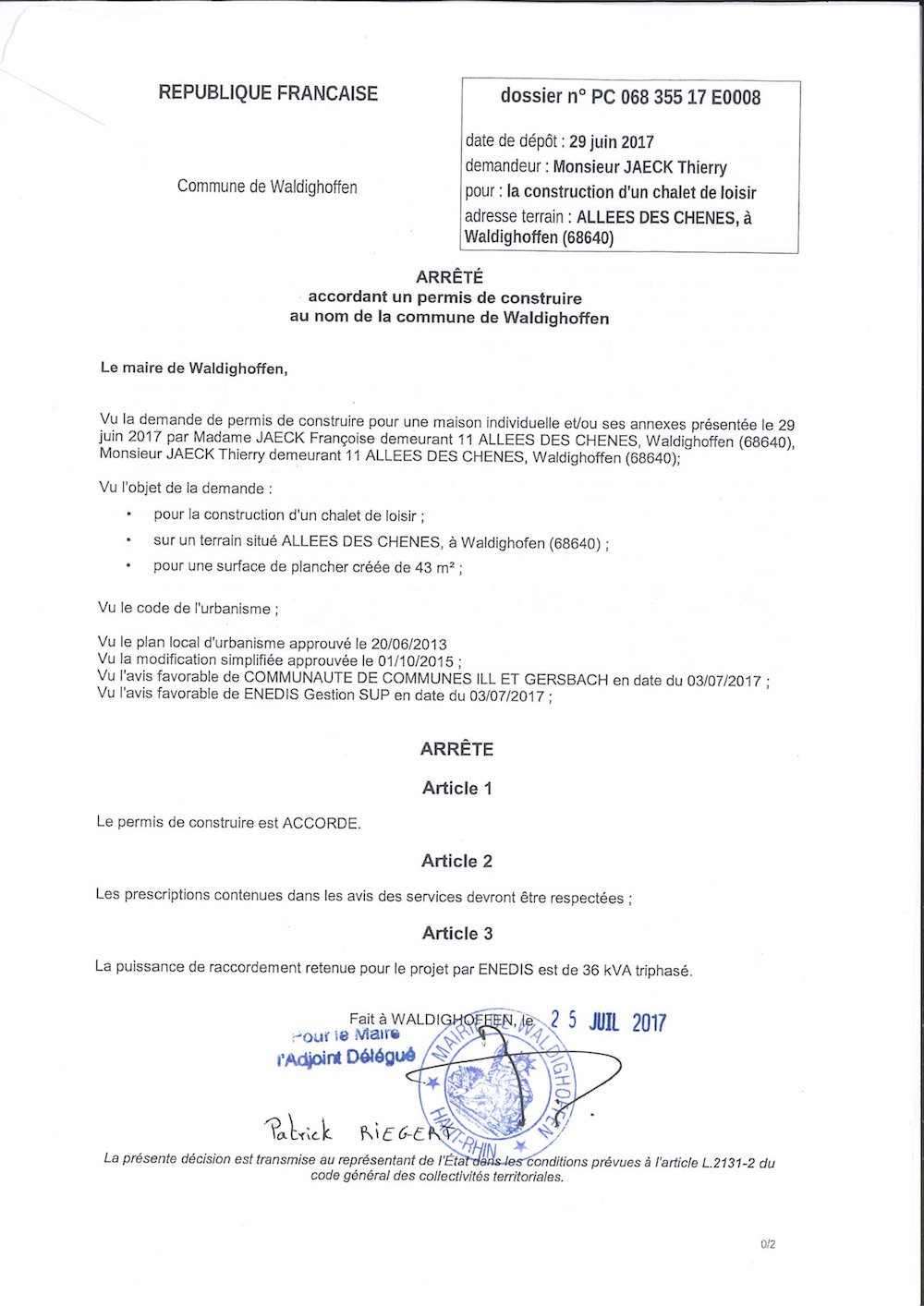 Décision à la demande de construire de M.JAECK Thierry