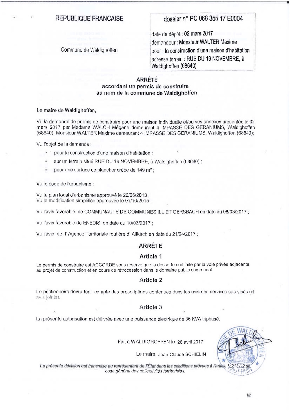 Décision à la demande de construire de M. WALTER Maxime