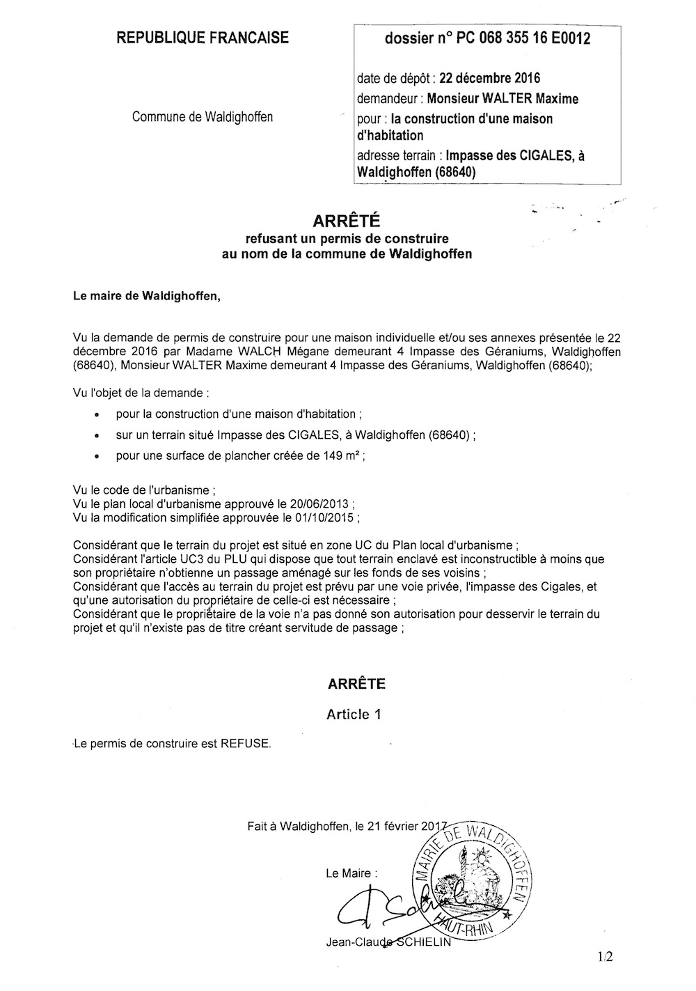 Décision à la demande de construire de M. WALTER
