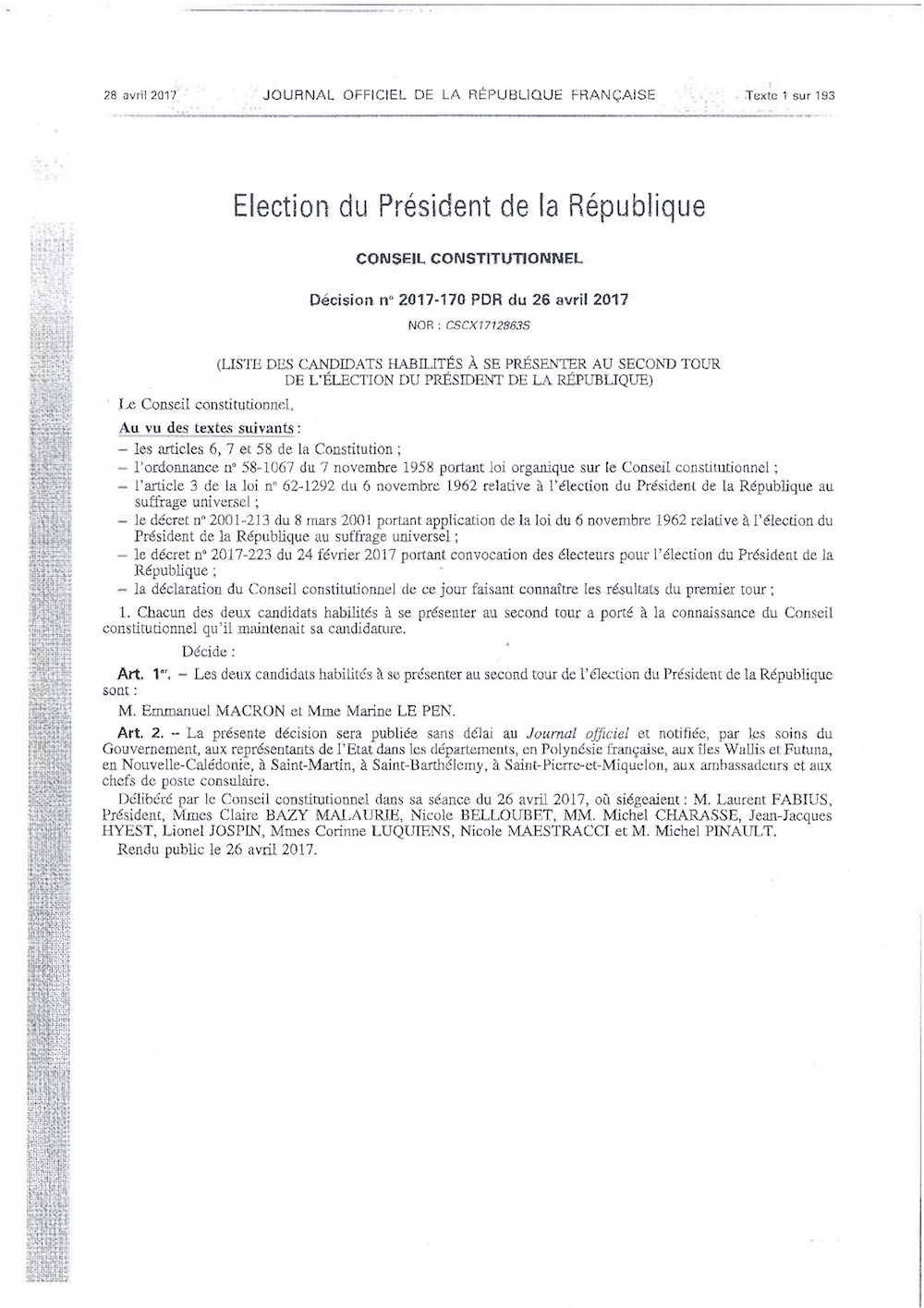 Liste des candidats pour le second tour de l'Election du Président de la République