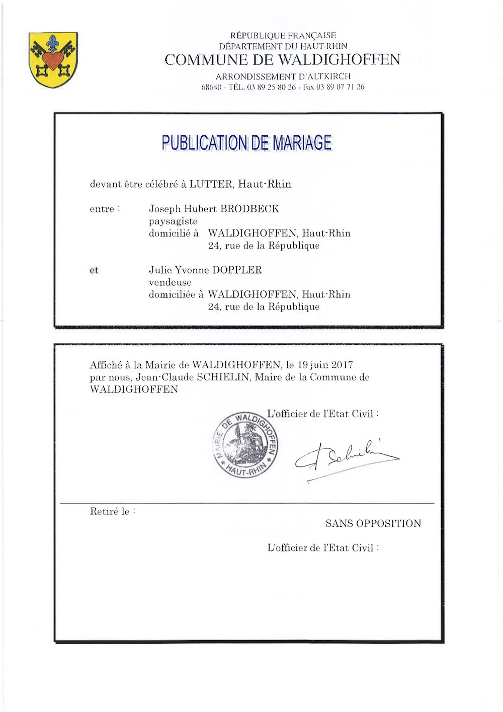  Publication de mariage entre M. BRODBECK et Mlle DOPPLER