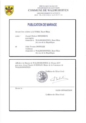  Publication de mariage entre M. BRODBECK et Mlle DOPPLER