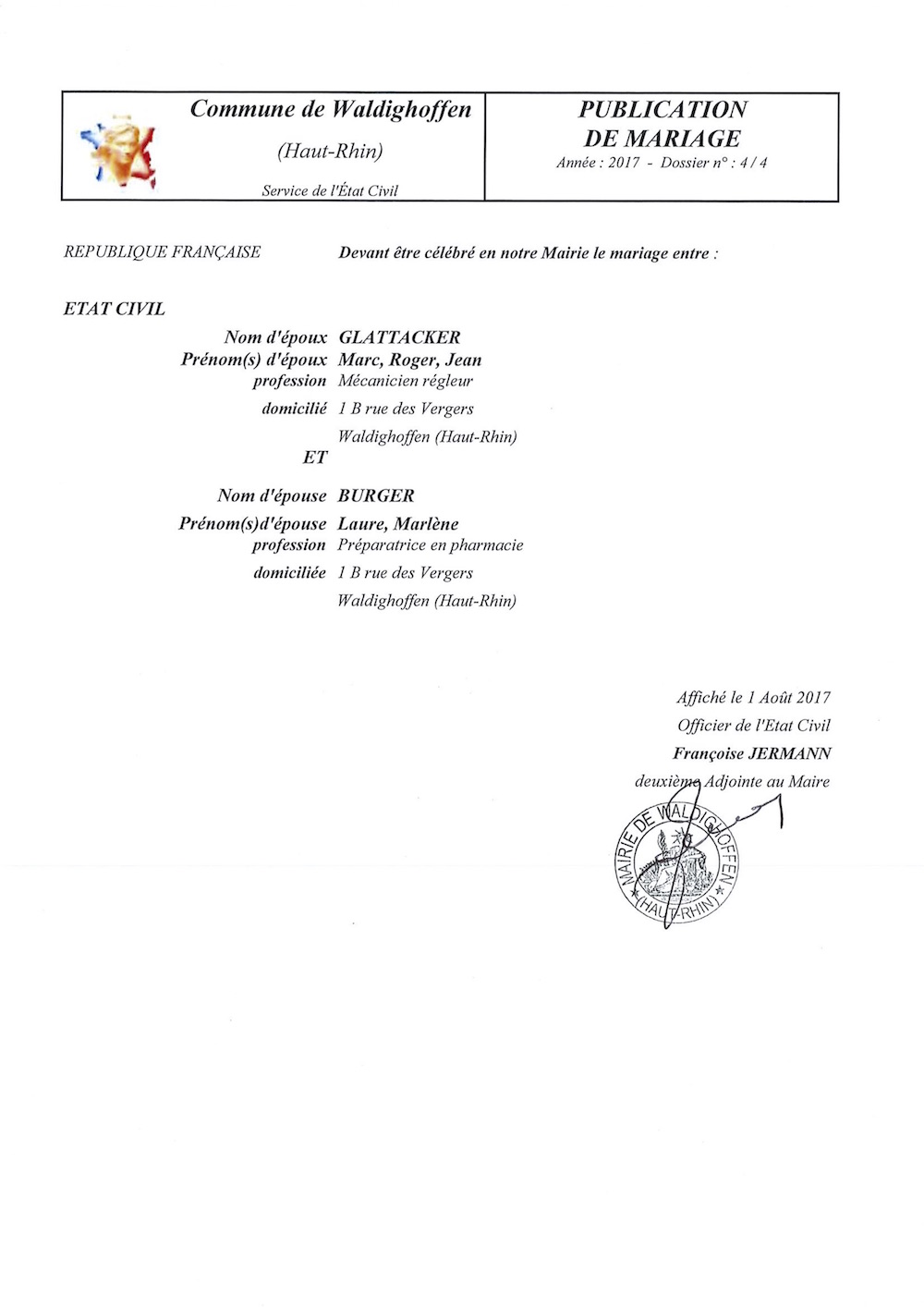 Publication de mariage entre M. GLATTACKER et Mlle BURGER