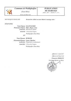 Publication de mariage entre M. GLATTACKER et Mlle BURGER