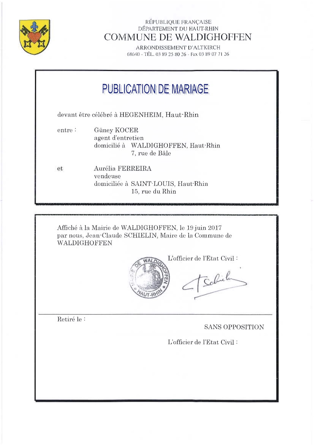 Publication de mariage entre M. KOCER et Mlle FERREIRA