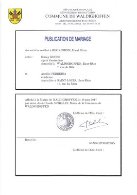 Publication de mariage entre M. KOCER et Mlle FERREIRA