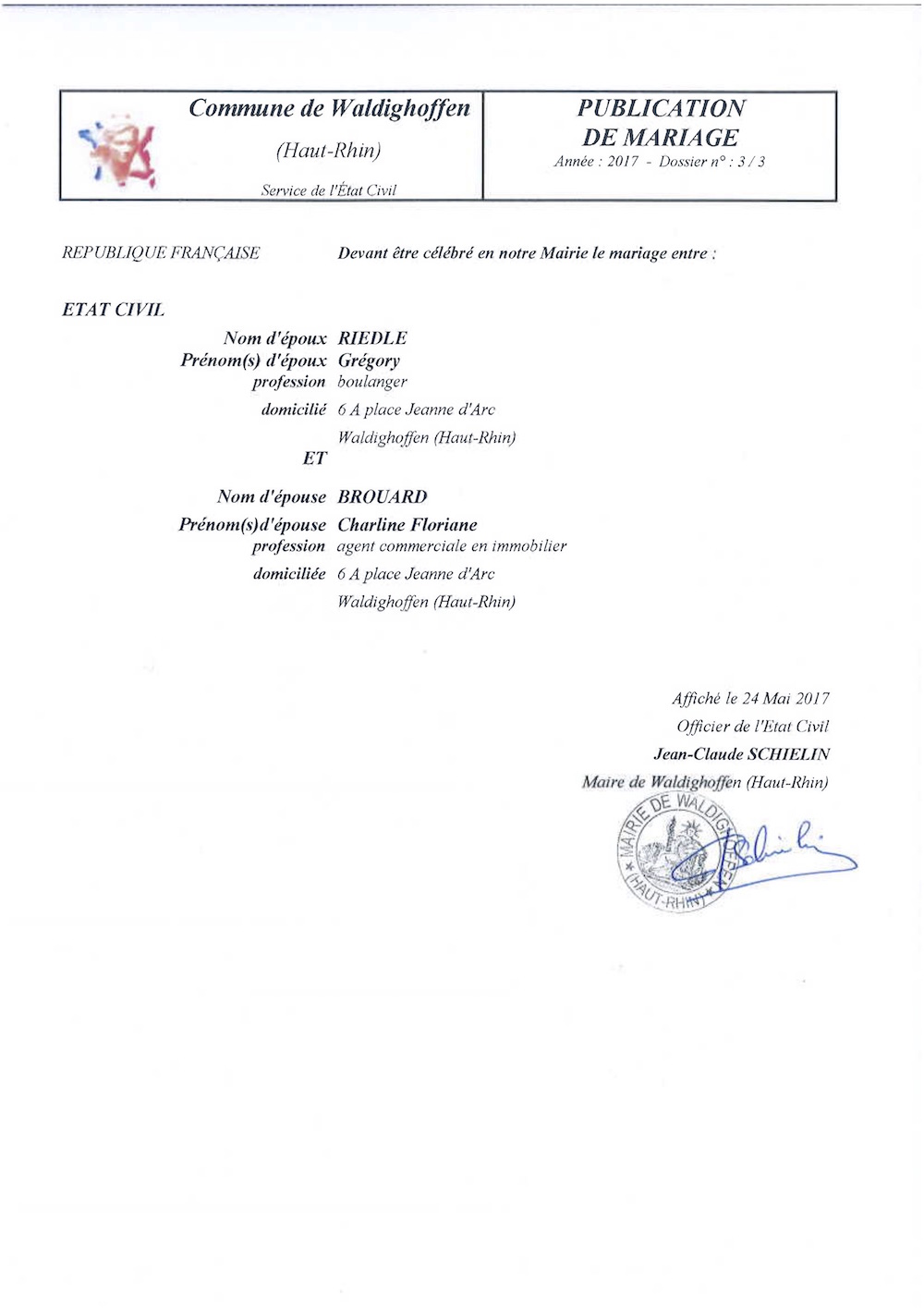  Publication de mariage entre M. RIEDLE et Mlle BROUARD 