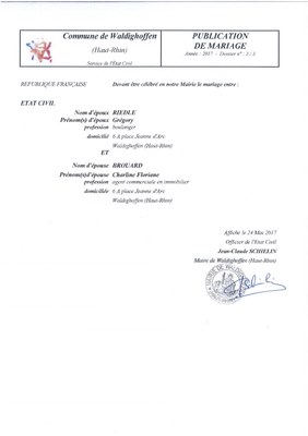  Publication de mariage entre M. RIEDLE et Mlle BROUARD 