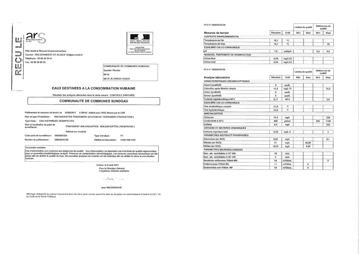 Rapport d'analyse d'eau potable