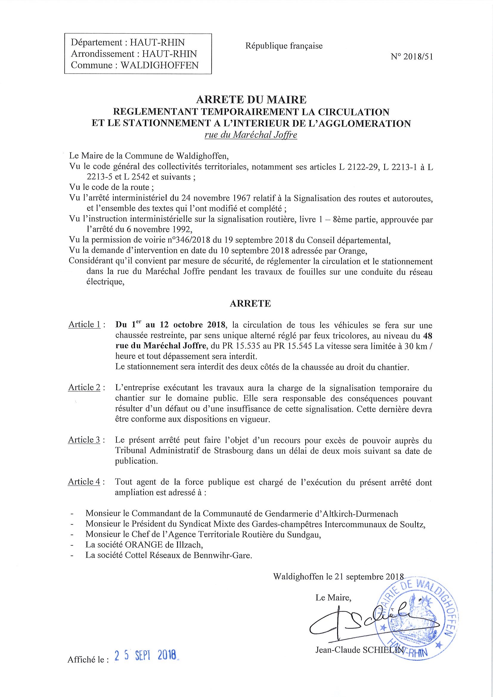 Arrêté : circulation rue du Maréchal Joffre