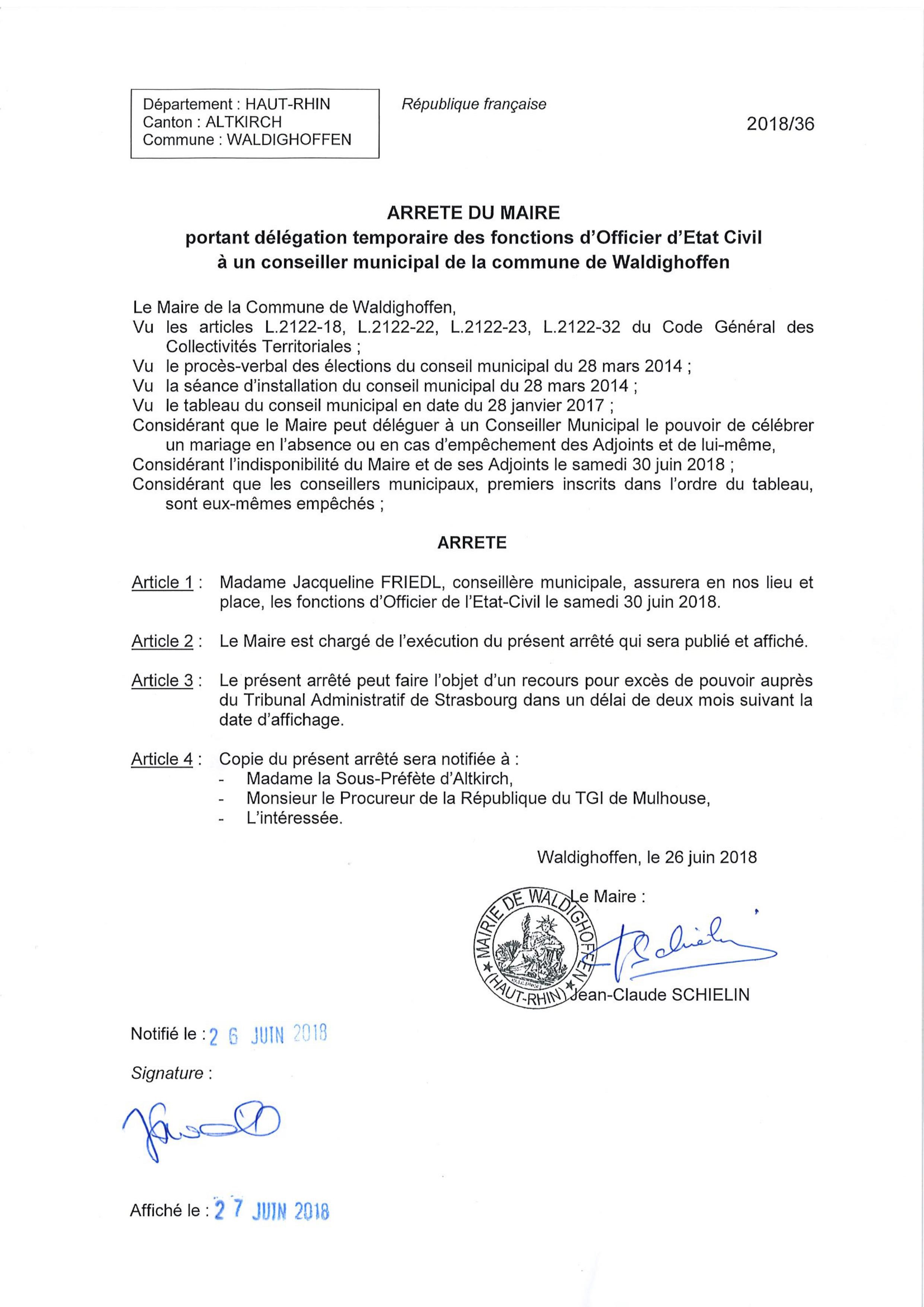 Arrêté portant délégation temporaire à une conseillère municipale