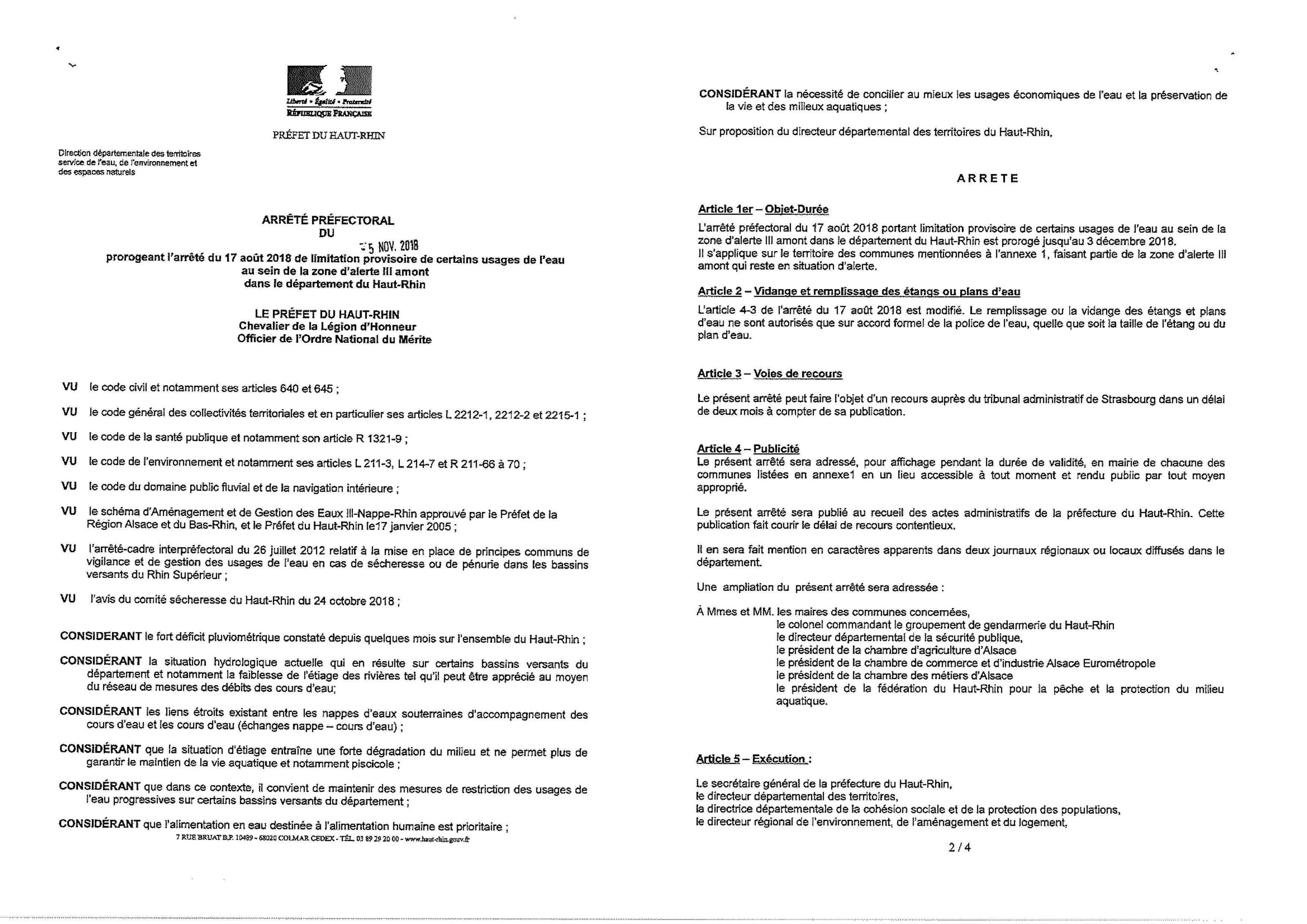 Arrêté préfectoral du 05 novembre 2018 - restriction de l'usage de l'eau