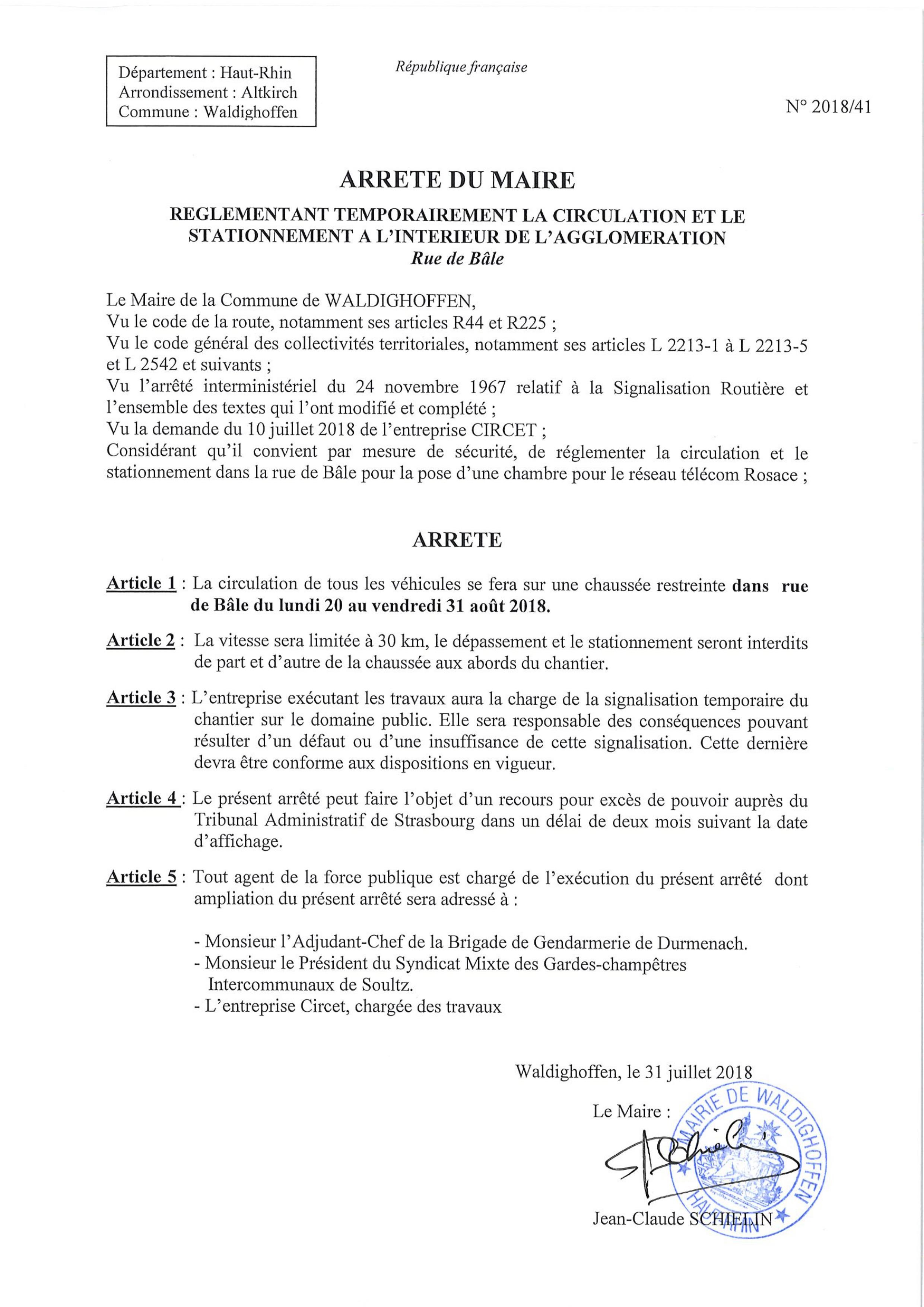 Arrêté réglementant la circulation dans la rue de Bâle