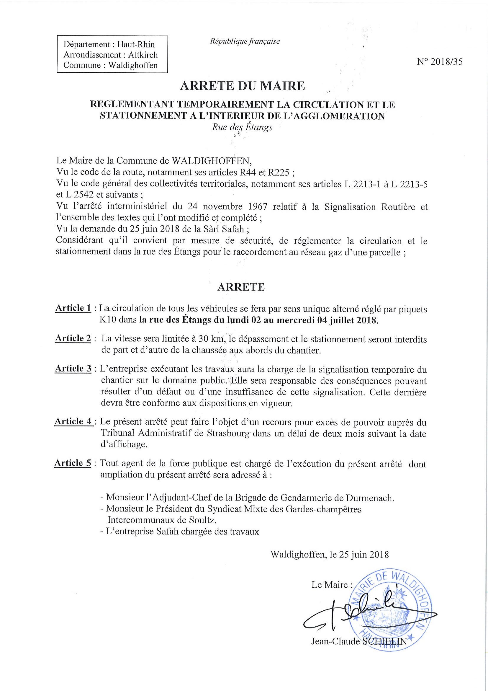 Arrêté réglementant la circulation dans la rue des Etangs