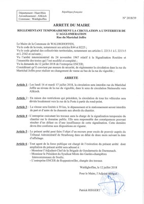 Arrêté réglementant la circulation dans la rue du Maréchal Joffre