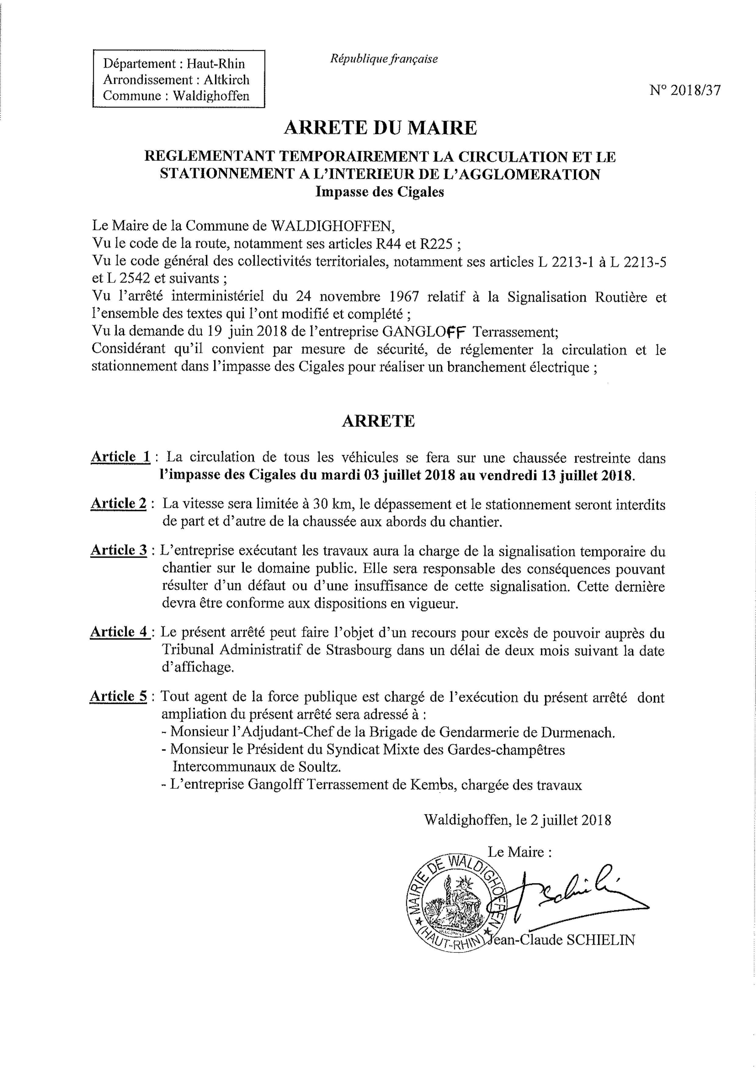 Arrêté réglementant la circulation dans l'Impasse des Cigales