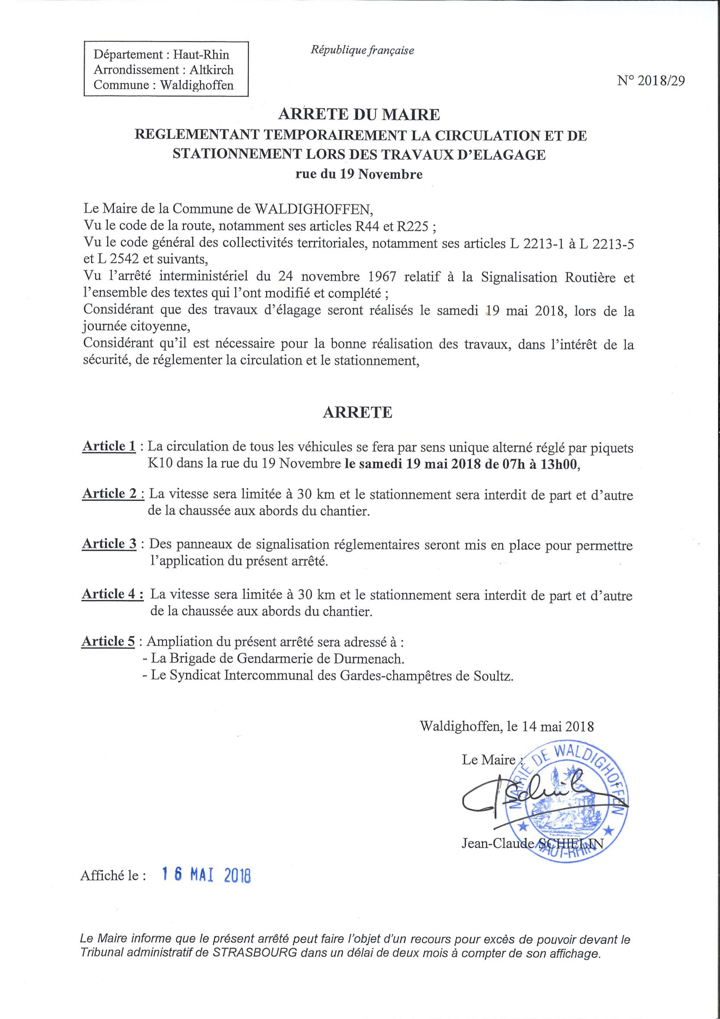 Arrêté réglementant la circulation et le stationnement rue du 19 Novembre