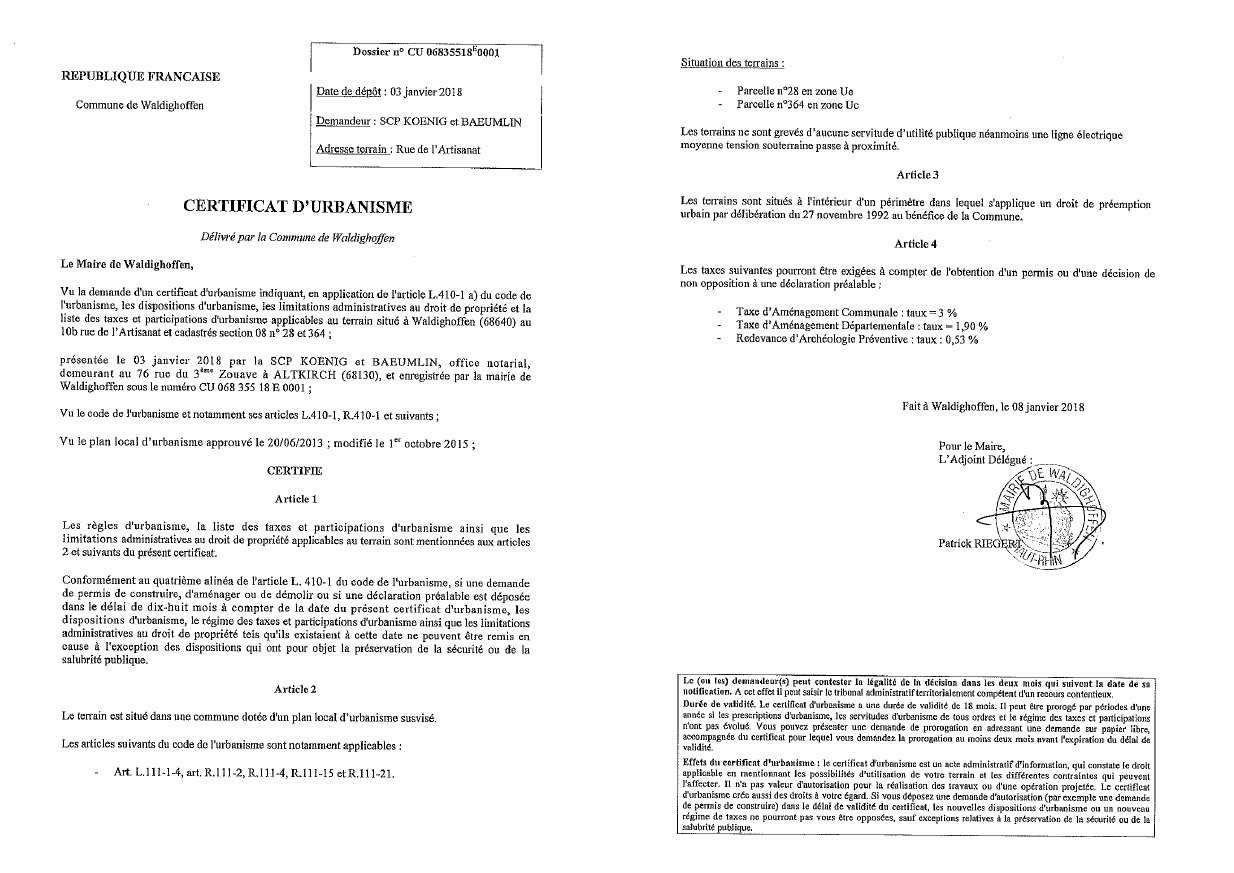 Certificat d'urbanisme délivré à la SCP KOENIG et BAEUMLIN