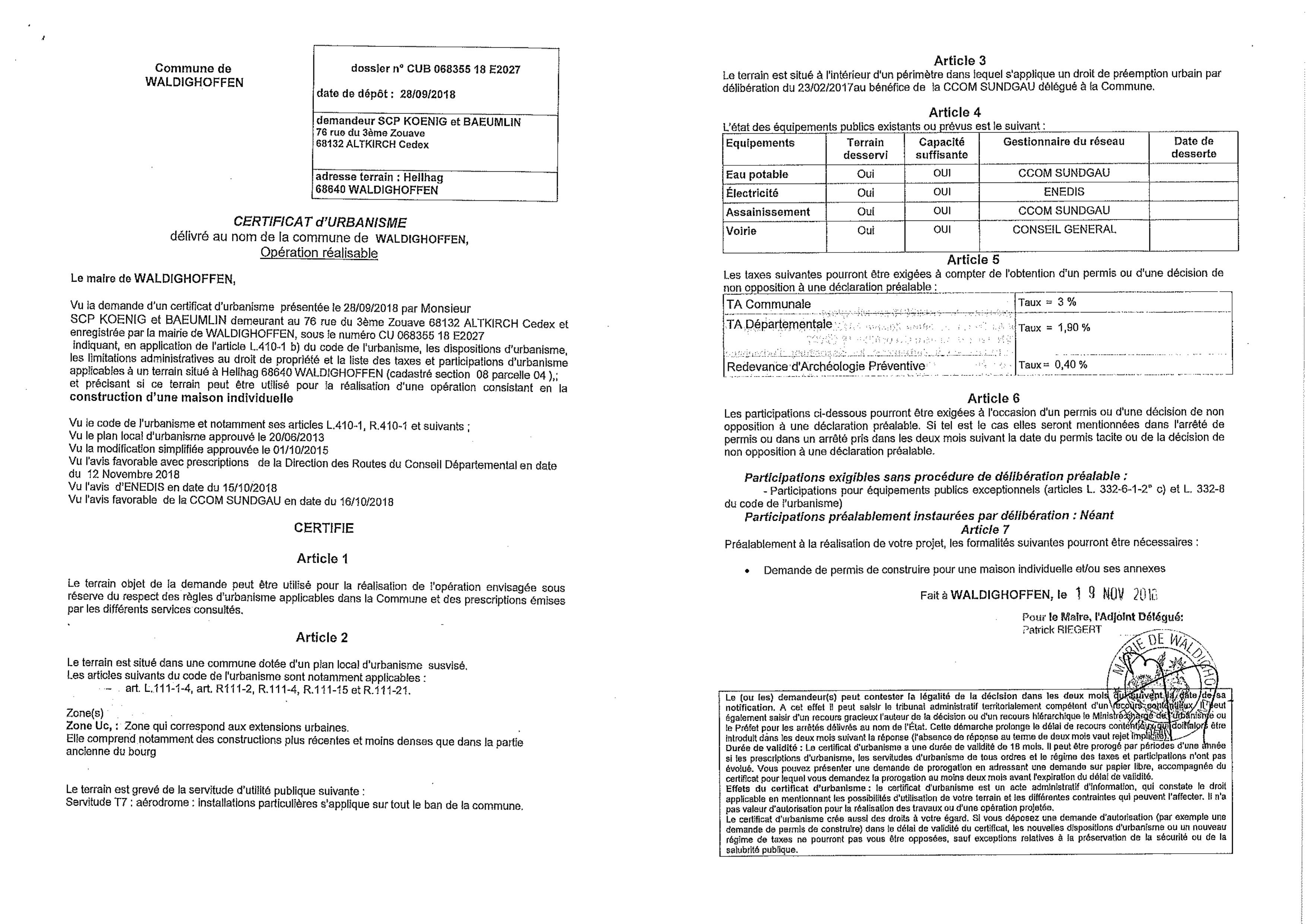 Certificat d'urbanisme établi pour la Scp Koenig et Baeumlin