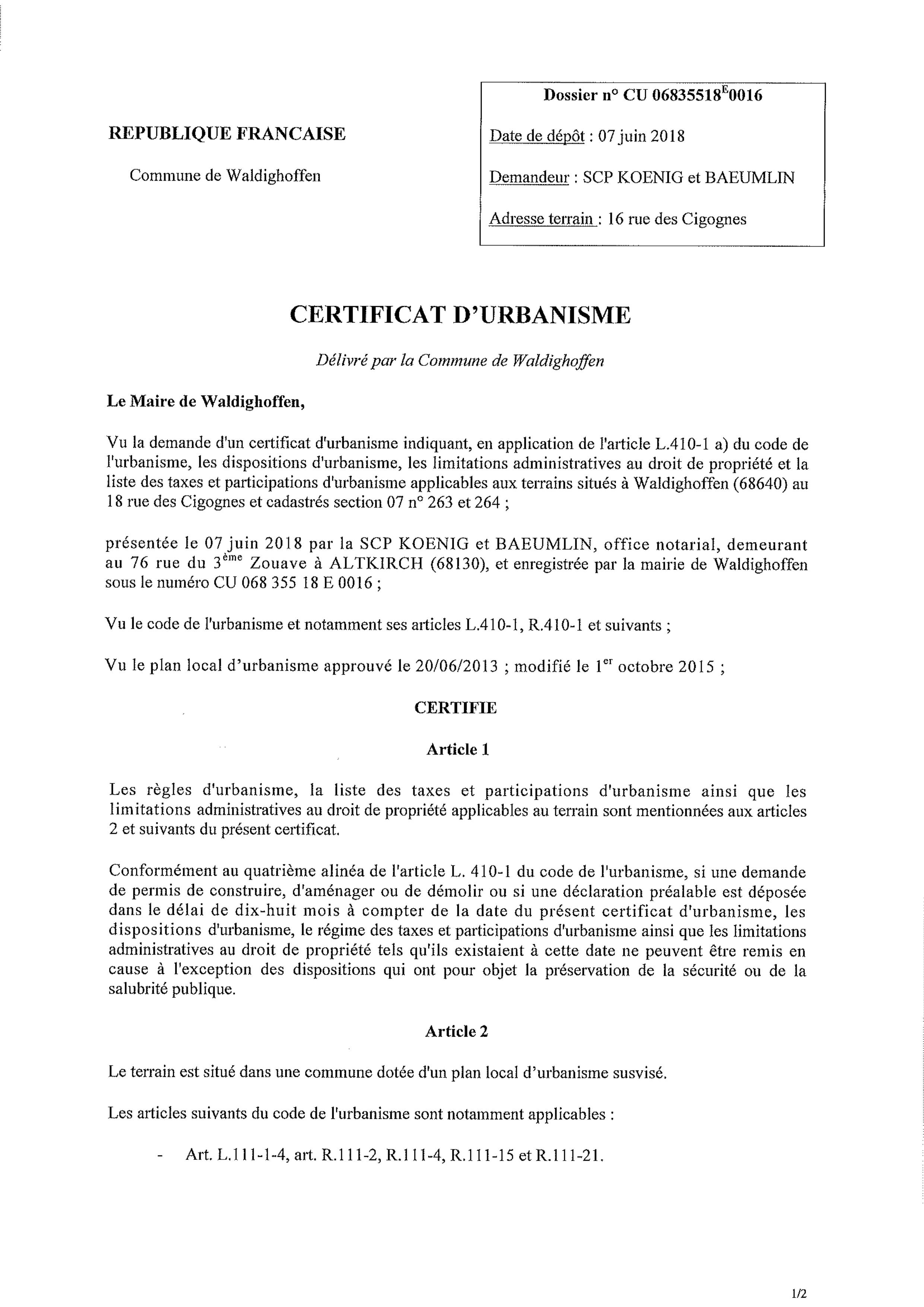 Certificat d'urbanisme établi pour la SCP Koenig et Baeumlin