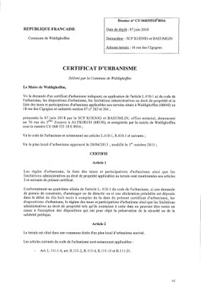 Certificat d'urbanisme établi pour la SCP Koenig et Baeumlin