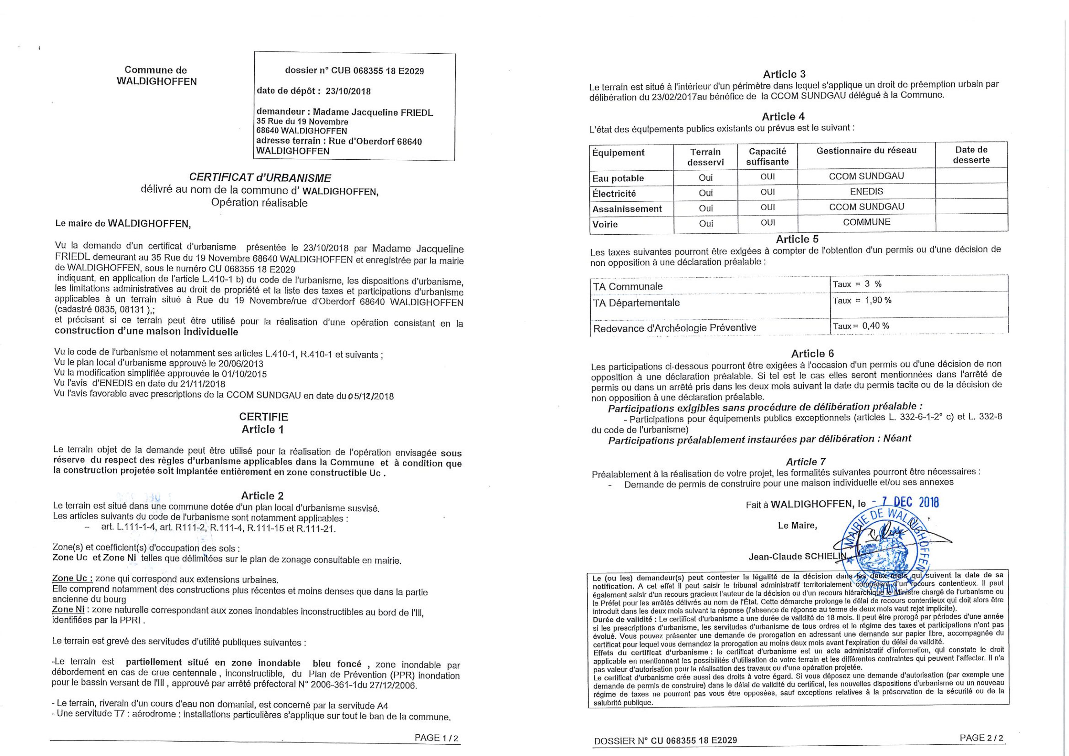 Certificat d'urbanisme établi pour Madame Jacqueline FRIEDL