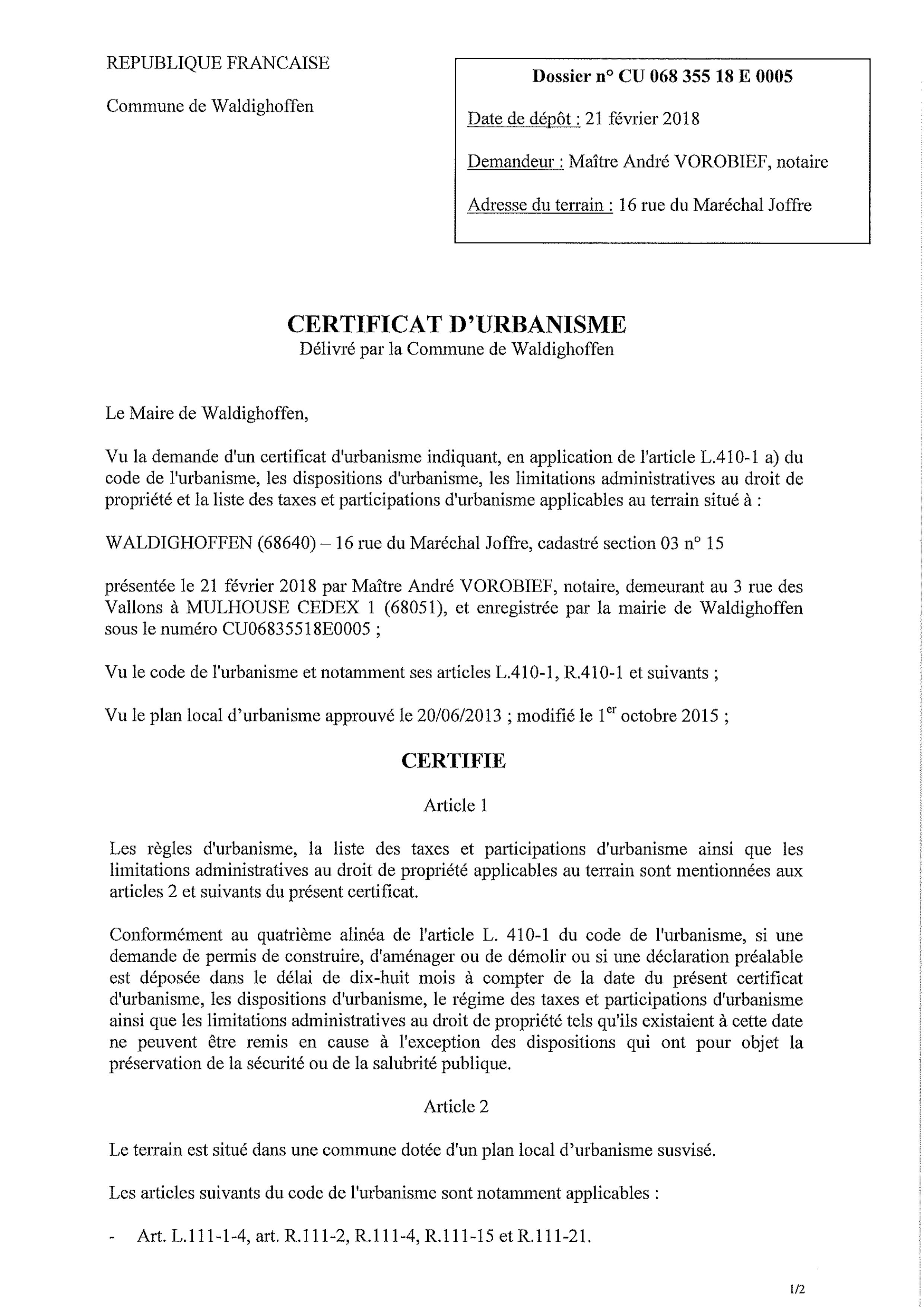 Certificat d'urbanisme établi pour Maître André VOROBIEF