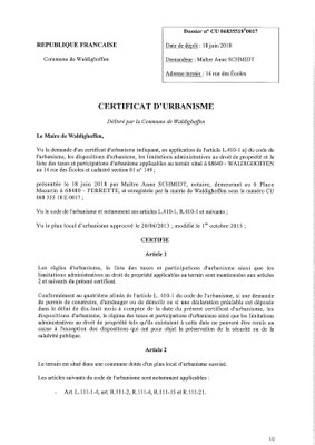 Certificat d'urbanisme établi pour Maître Anne SCHMIDT
