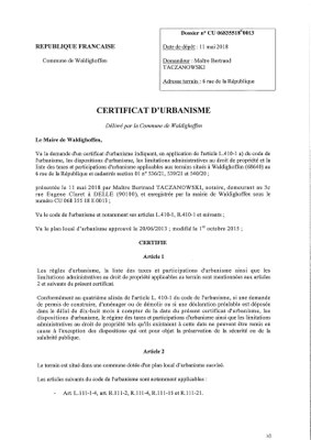 Certificat d'urbanisme établi pour Maître Bertrand TACZANOWSKI