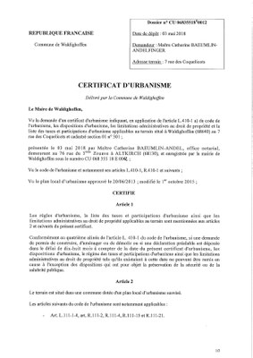 Certificat d'urbanisme établi pour Maître Catherine BAEUMLIN-ANDELFINGER