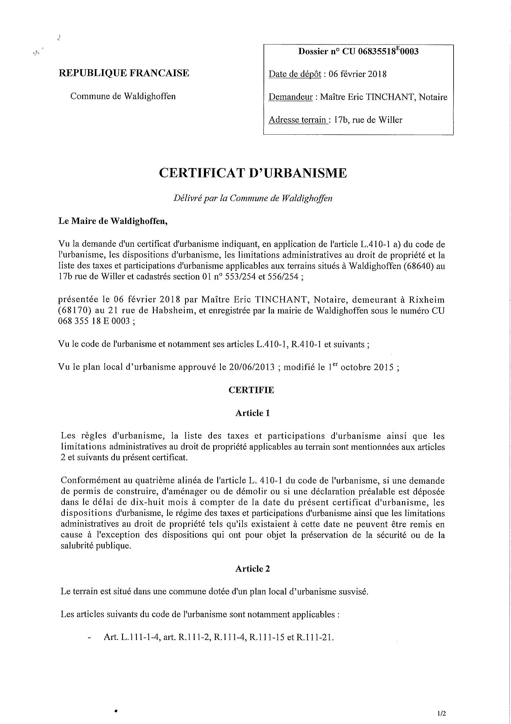 Certificat d'urbanisme établi pour Maître Eric TINCHANT