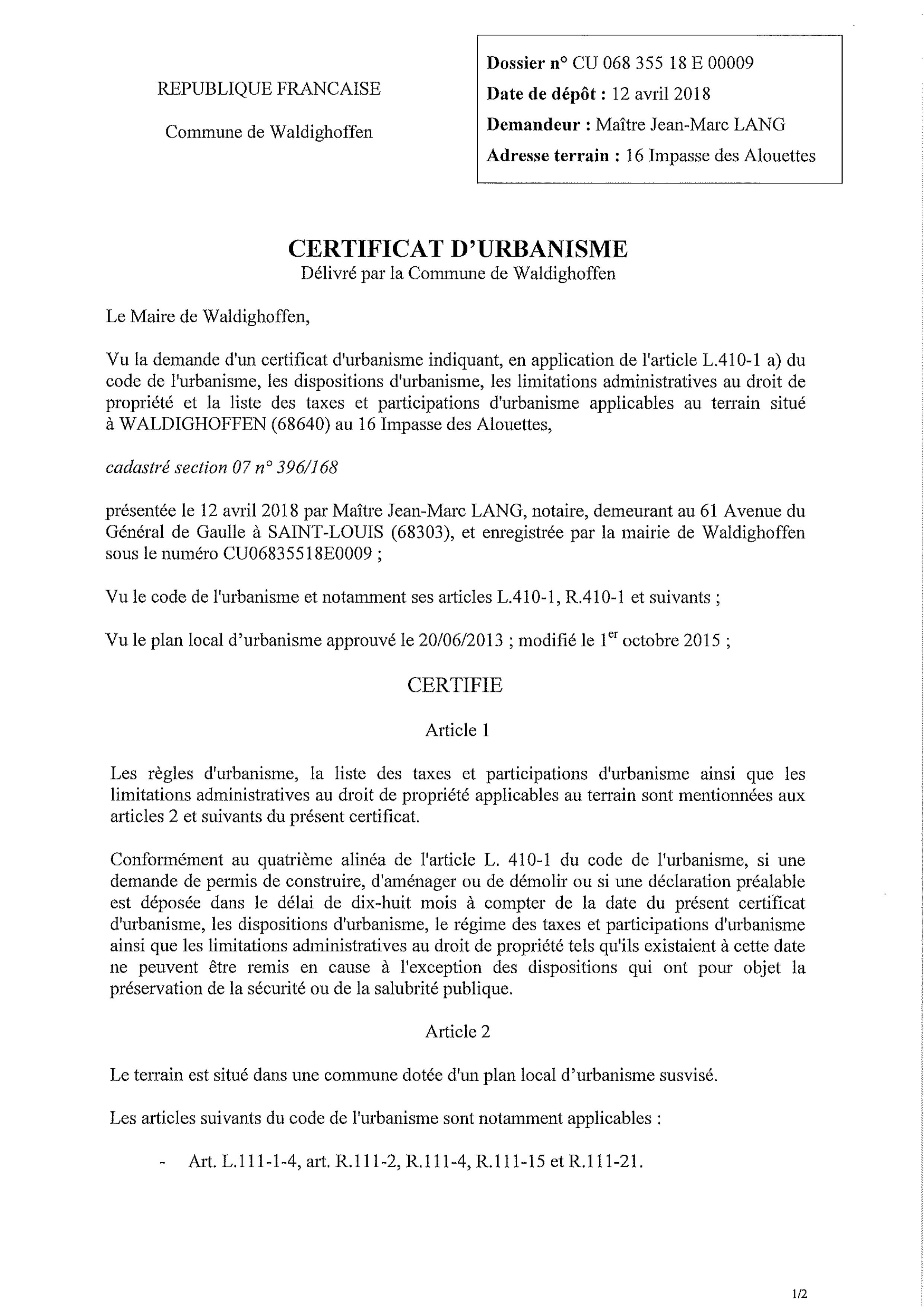 Certificat d'urbanisme établi pour Maître Jean-Marc LANG