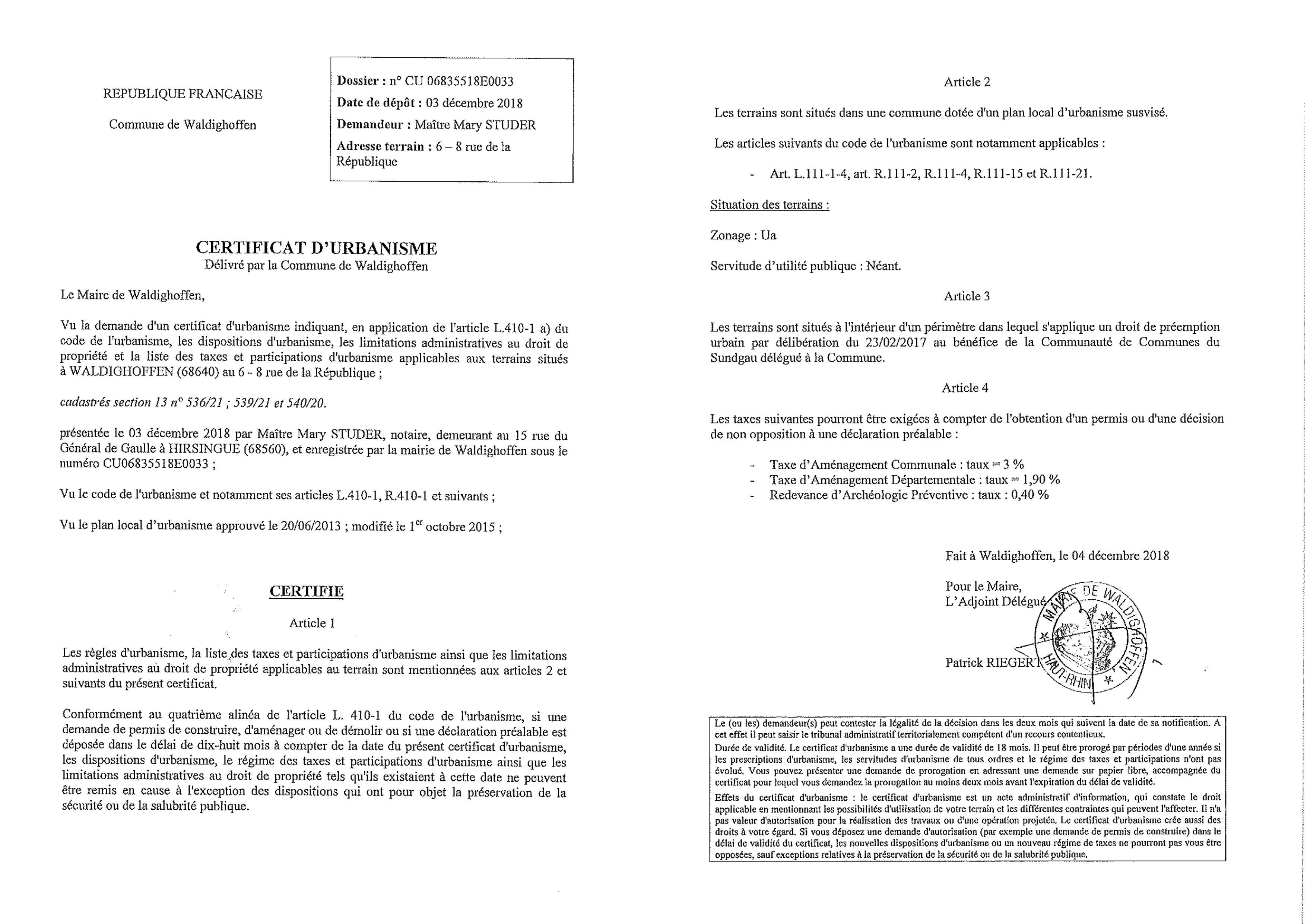 Certificat d'urbanisme établi pour Maître Mary STUDER