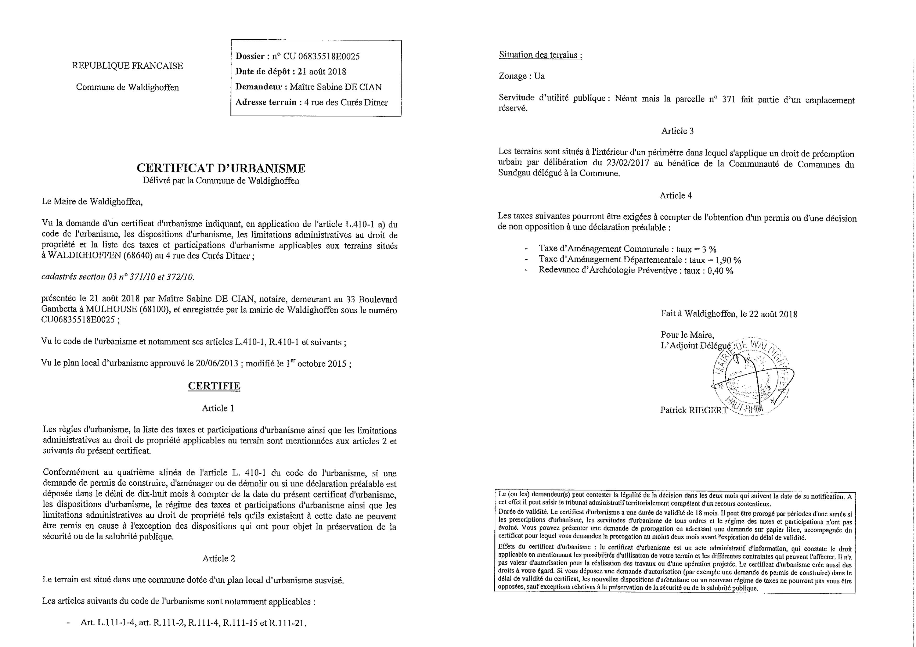 Certificat d'urbanisme établi pour Maître De Cian, notaire