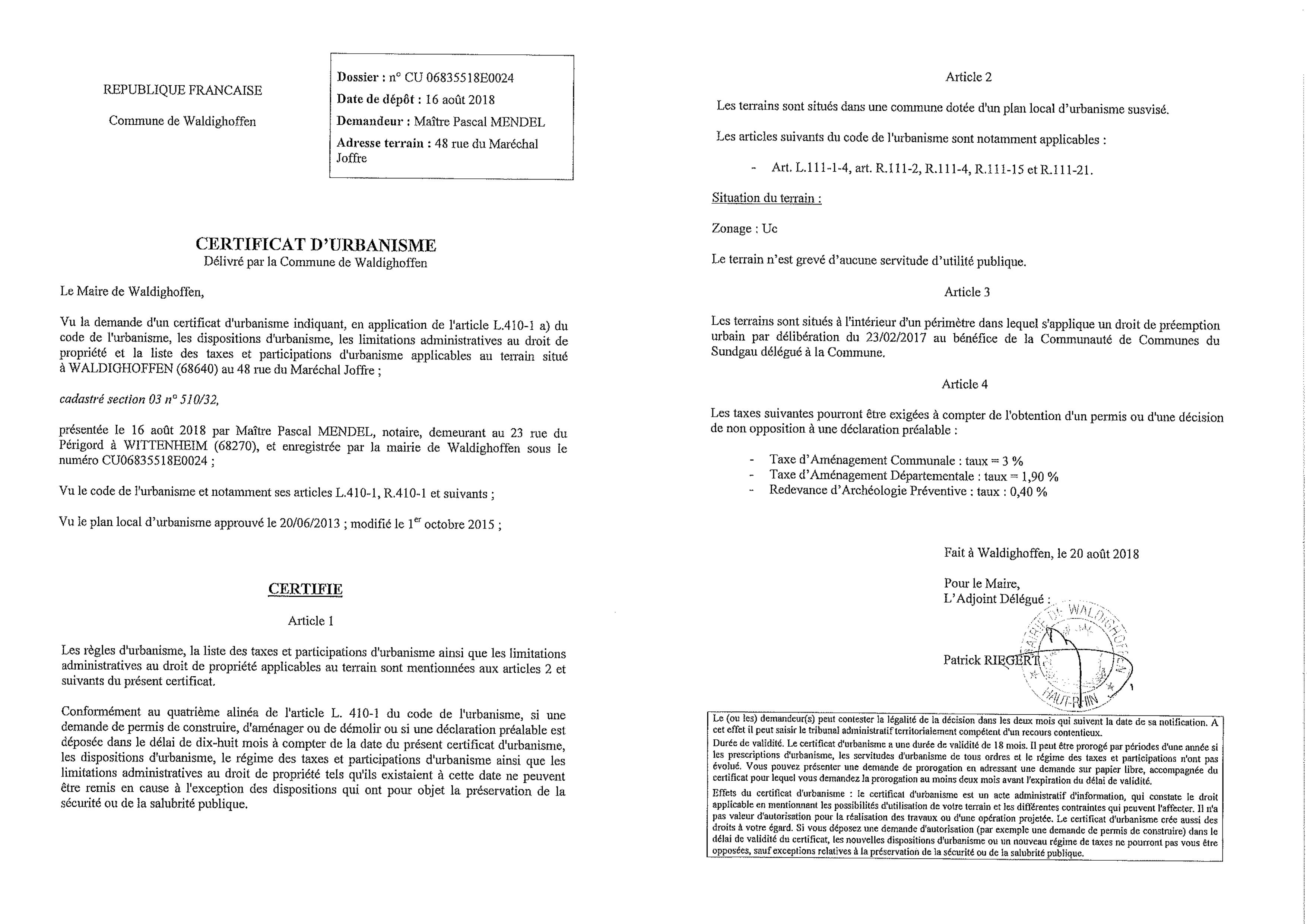 Certificat d'urbanisme établi pour Maître Mendel, notaire