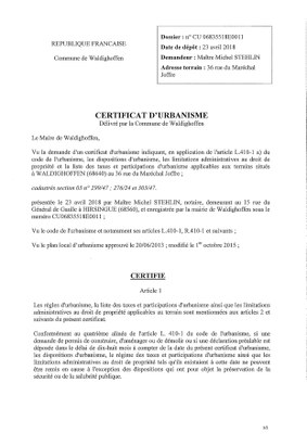 Certificat d'urbanisme établi pour Maître Michel STEHLIN