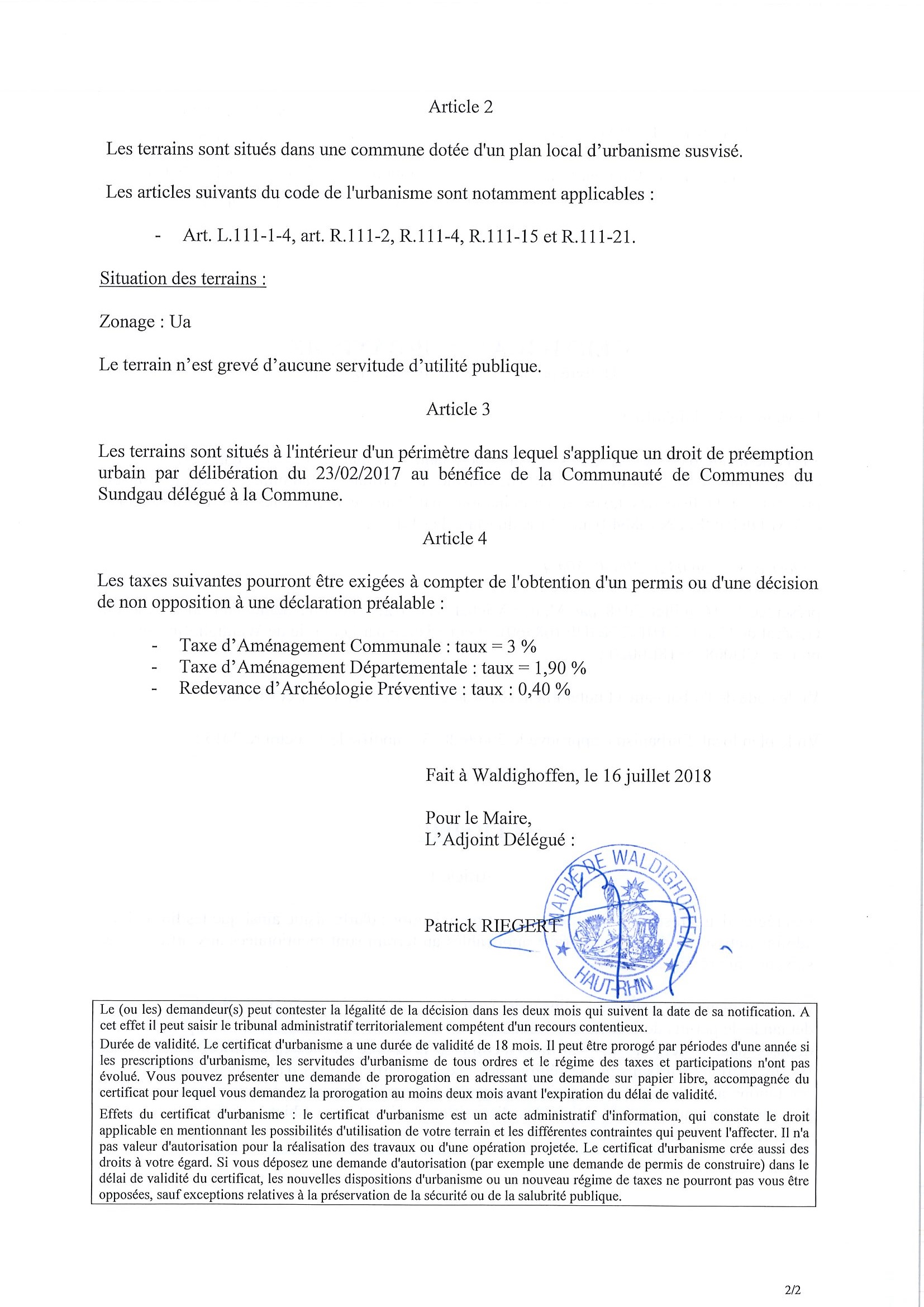 Certificat d'urbanisme établi pour Maître Michel Stehlin, notaire
